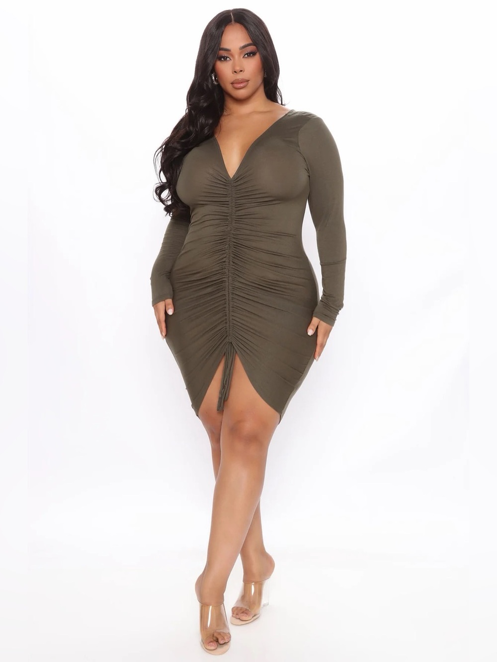 Fashion Nova Hong Kong Ruched Dress Olive Green